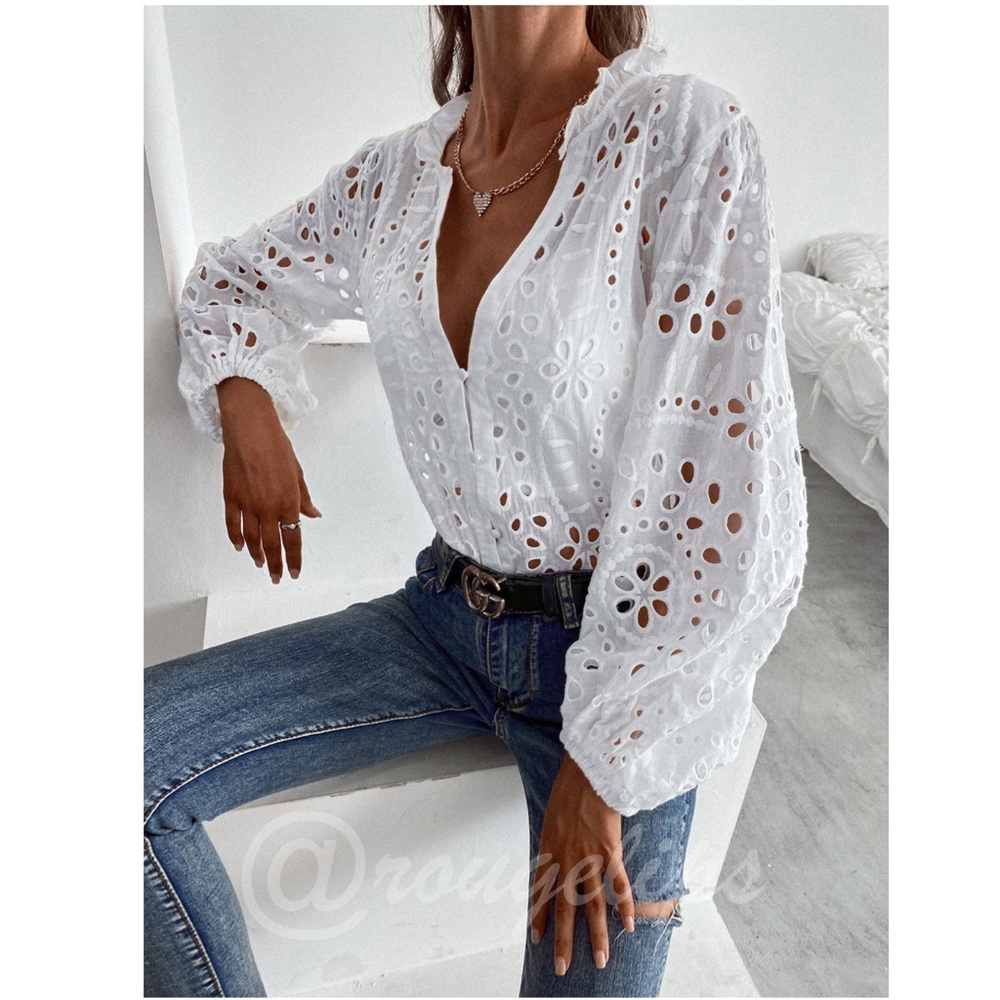 White Boho Eyelet Button Down Shirt - Picture 5 of 8